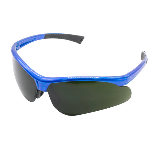 safety goggles with blue frame and dark lenses on a white background