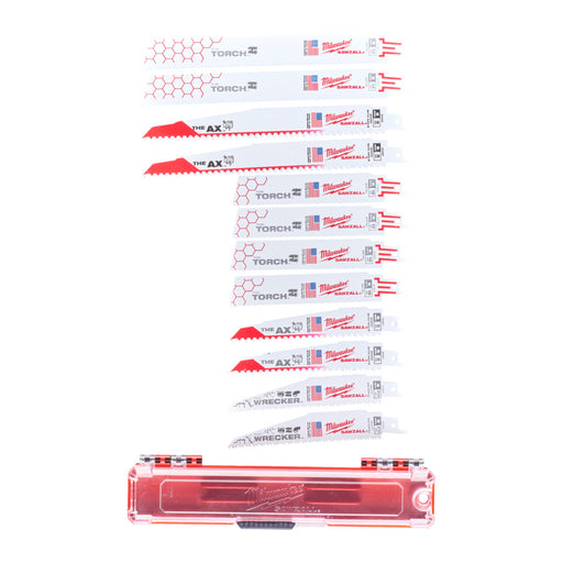 Set of Milwaukee reciprocating saw blades with a red case on a white background