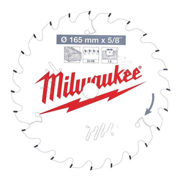 Milwaukee Circular Saw Blade 165mm x 15.87mm x 24T - Wood