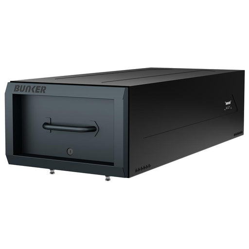 Black outdoor storage box with a handle on a white background