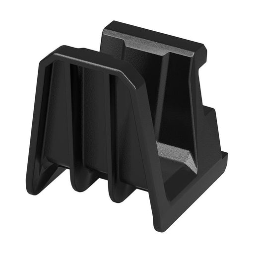 Black plastic storage hook on a white background