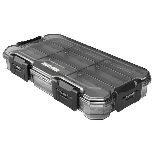 Clear tool case with black handles and corners on a white background