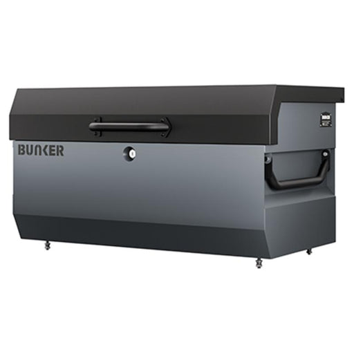 Gray storage box with black lid on a white background, featuring the brand 'Bunker'.