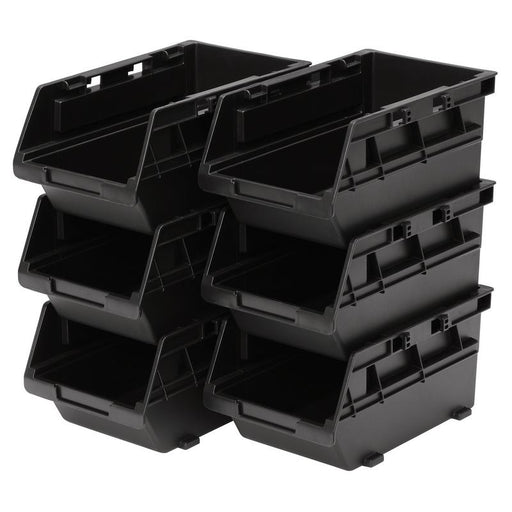 Stack of black storage bins on a white background