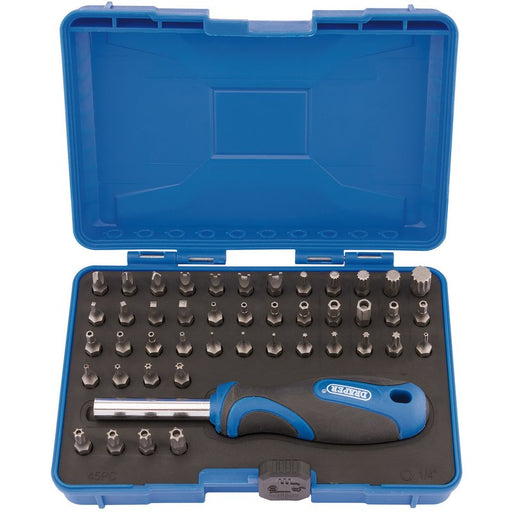 Screwdriver set with bits in a blue case on a white background