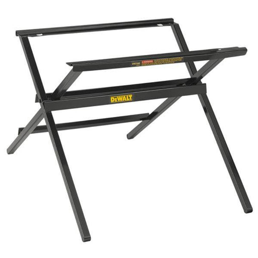 Black metal saw stand with Dewalt branding on a white background
