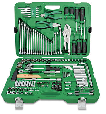 Green tool set with various tools in a case on a white background