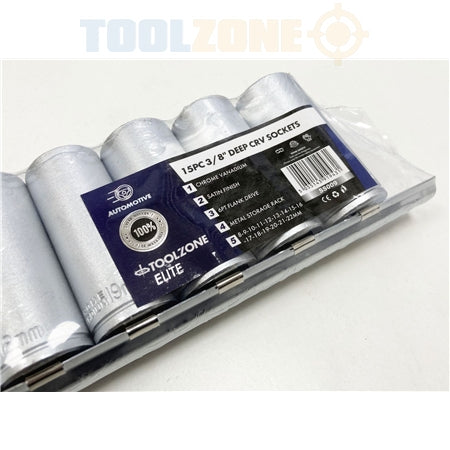 Toolzone 15pc 3/8'' Deep CRV Socket Set on Rail (8 - 22mm)