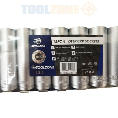 Toolzone 15pc 1/2'' Deep CRV Socket Set on Rail (10 - 24mm)