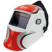 Welding helmet with red and white design on a white background