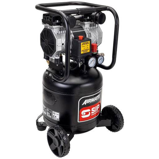 A black and silver Airmate SIP Air Compressor with a protective black metal frame, dual wheels, and pressure gauges on a white background.