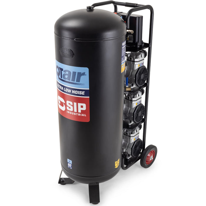 A black industrial air compressor on a wheeled cart, featuring a large cylindrical tank and a visible multi-stage pump assembly with silver and black components. The tank has a blue and red 'SIP Air' logo on the side.