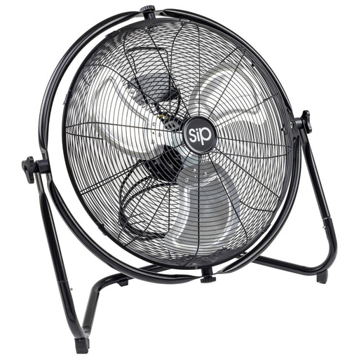 Black floor fan with 'sip' branding on a white background