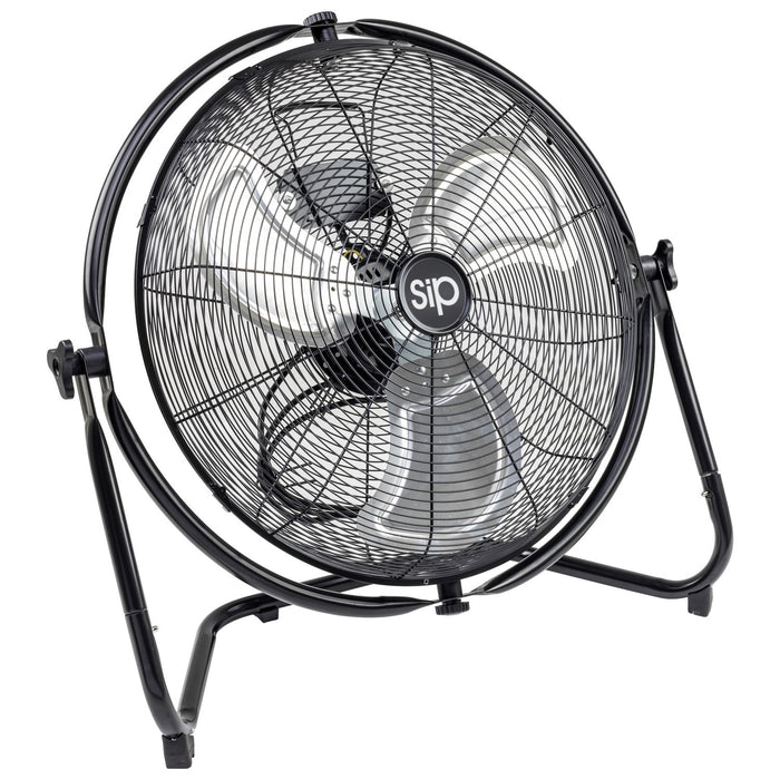 Black floor fan with 'sip' branding on a white background
