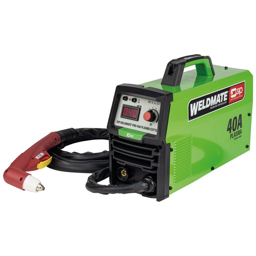 Green Weldmate welding machine with red handle on a white background