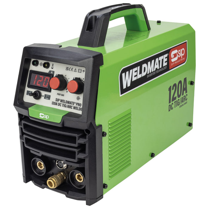 Green welding machine with 'Weldmate' branding on a white background
