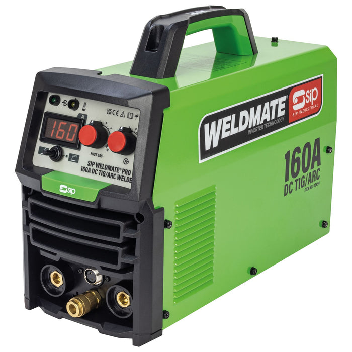 Green and black welding machine with digital display and SIP Weldmate branding on a white background