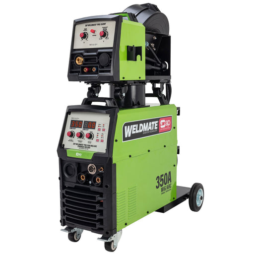Green and black Weldmate welding machine on a white background
