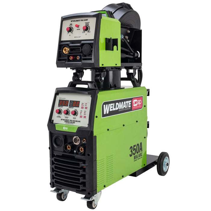 Green and black Weldmate welding machine on a white background