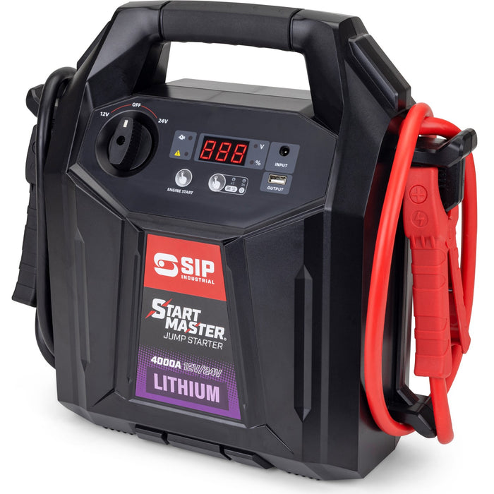 SIP Industrial Start Master 400A Lithium jump starter portable power station in black with red jumper cables, shown on a white background.