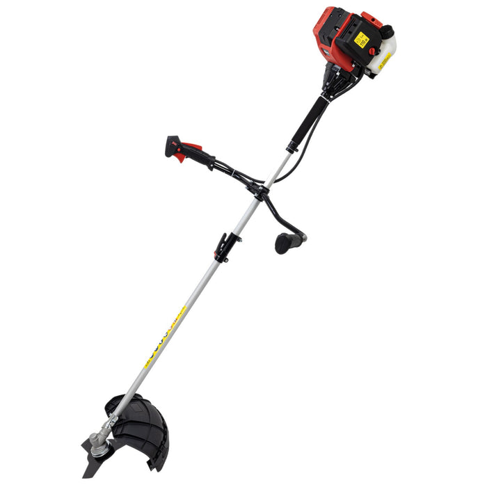 Gas-powered string trimmer on a white background