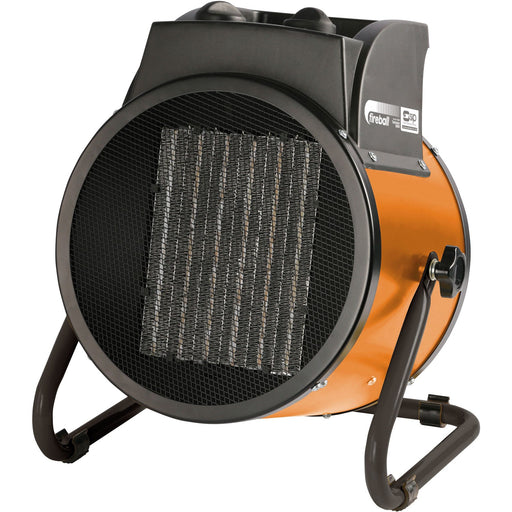 Portable fan heater with orange body and black mesh cover on a white background