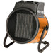 Portable fan heater with orange body and black mesh cover on a white background