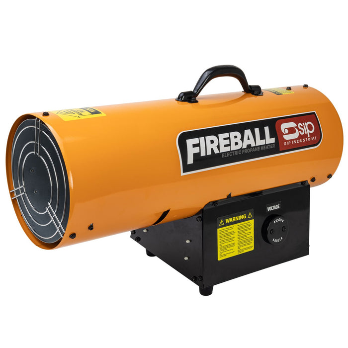 Orange propane heater with 'Fireball' branding on a white background