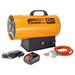 Orange propane heater with accessories on a white background