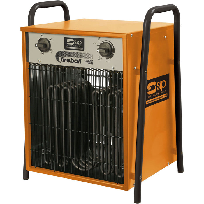 Orange industrial heater with black grilles and handles on a white background