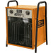 Orange industrial heater with black grilles and handles on a white background