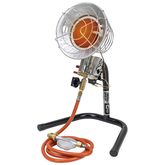 Propane-powered heater with hose on a white background