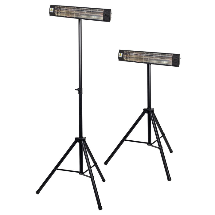 Two black outdoor heaters on stands against a white background