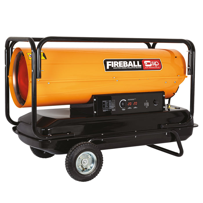 Orange portable diesel space heater with 'Fireball' branding on a white background