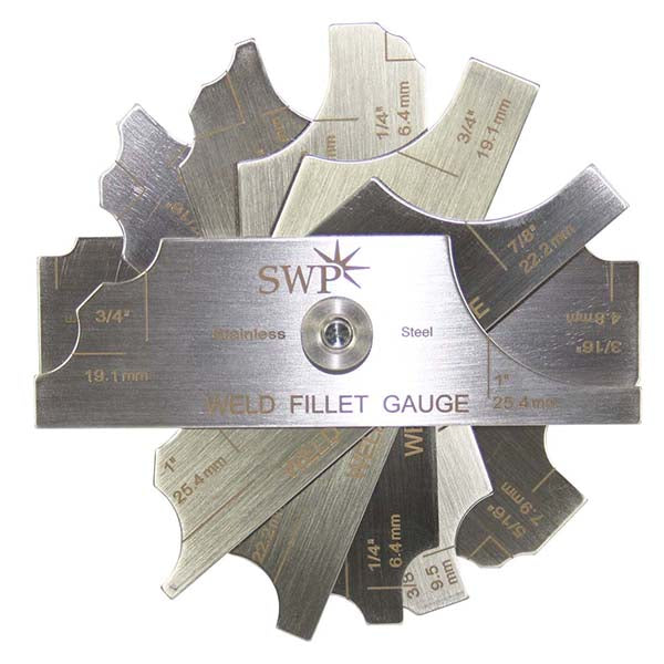 A stainless steel and steel weld fillet gauge set with multiple fan-shaped metal pieces printed with size markings and labeled SWP.
