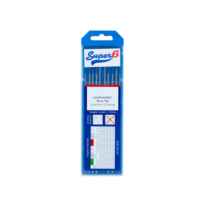 Super6 Lanthanated Blue Tip replacement pen tips in a blue and white plastic blister pack, containing 10 pieces.