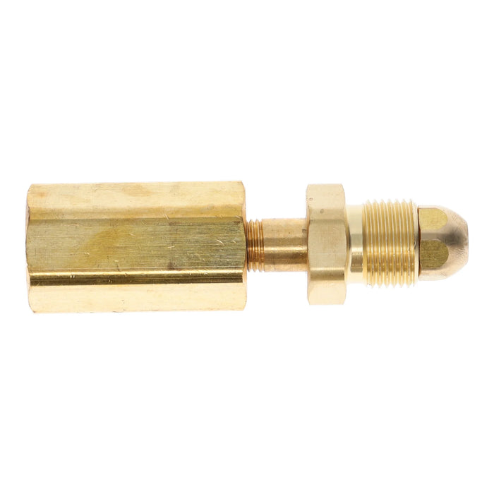 A brass spray cylinder adapter with a hexagonal body, threaded tube, and a rounded nozzle tip, shown against a plain white background.