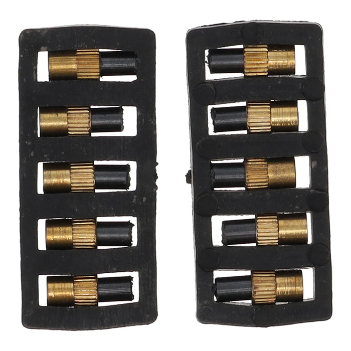 Pair of black and gold metal components on a white background