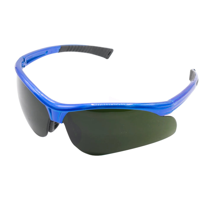 safety goggles with blue frame and dark lenses on a white background