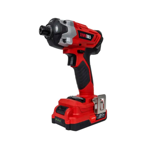 Red and black cordless impact driver on a white background