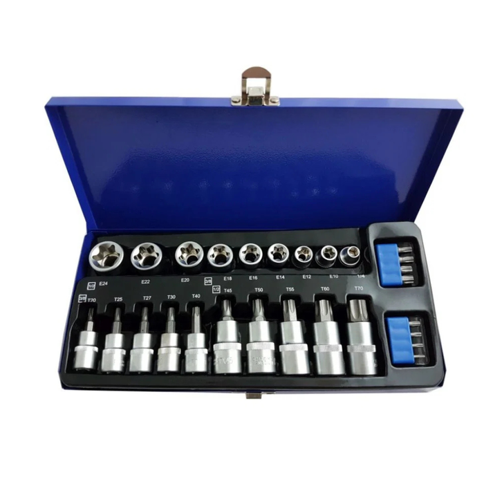 A 16-piece socket wrench set with silver metal sockets and bits, presented in an open blue plastic case with a black tray, on a white background.