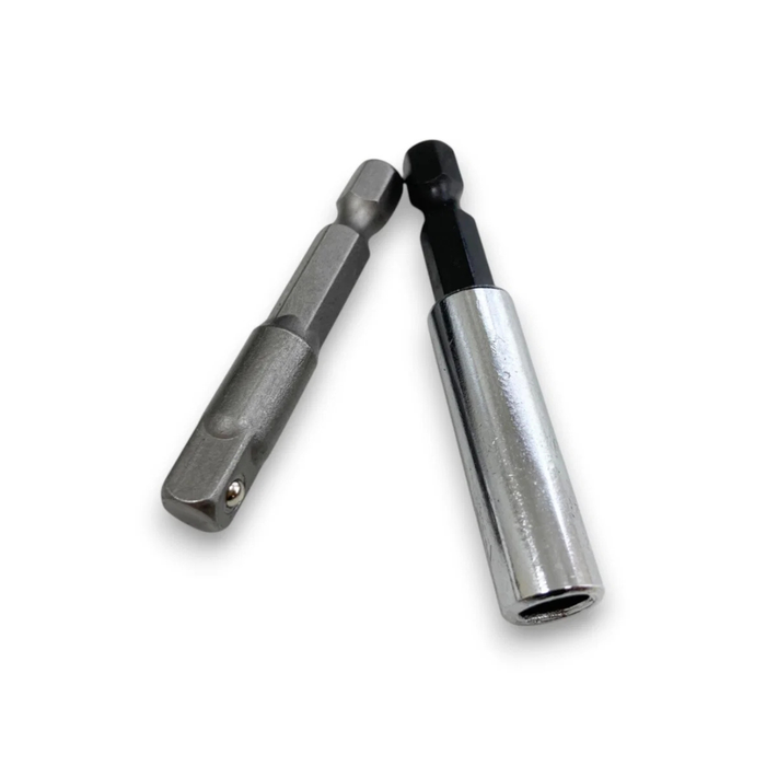 Two metal socket extension bits, one with a hex shank and one with a straight shank, shown on a plain white background.