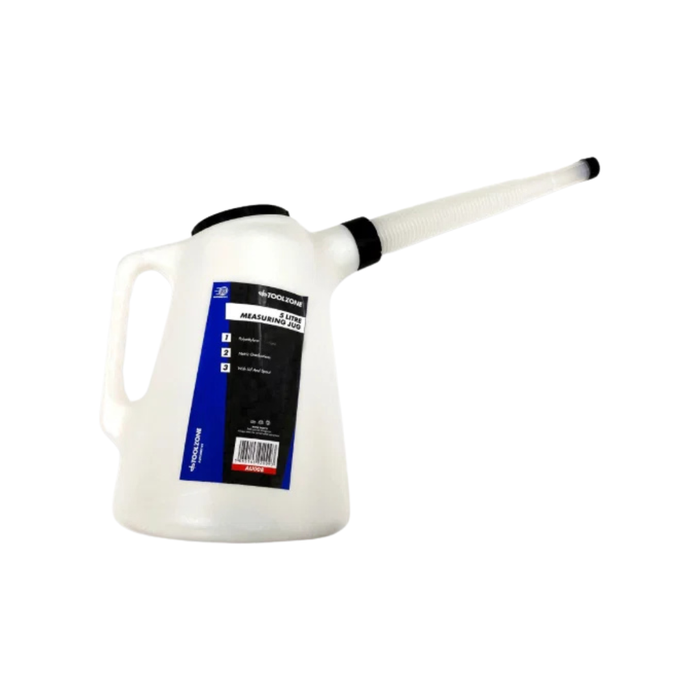 A white plastic oil change pouring container with a long spout, black caps, and a blue and black product label.