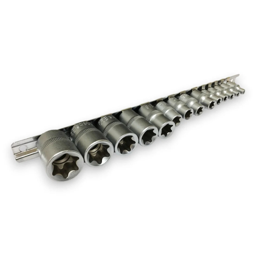 A 16-piece socket set with star-drive sockets arranged in a row on a white background.
