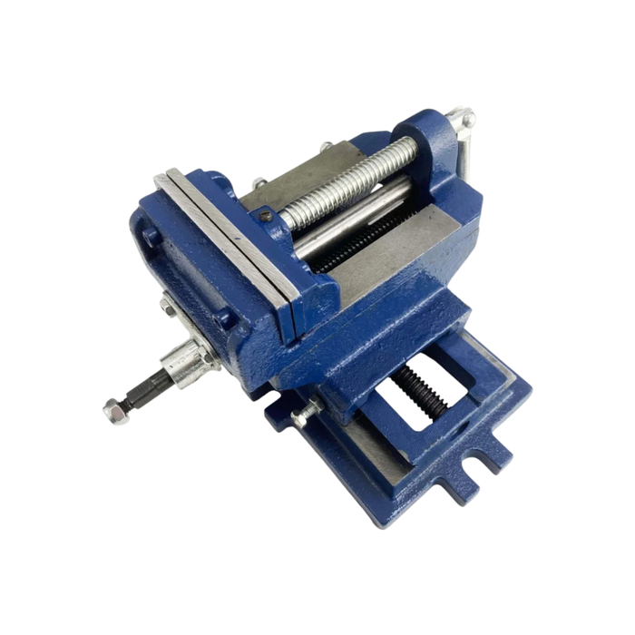 A blue cast iron bench vise with a silver metal screw lead and adjustment knobs, shown on a plain white background.