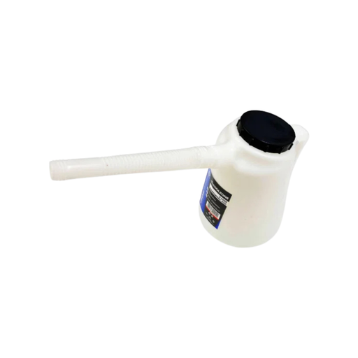 A white plastic watering can with a long spout and a black screw-on cap, shown on a plain white background.