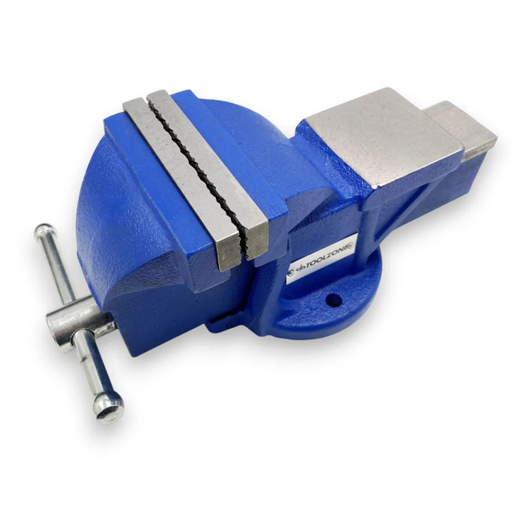A blue bench vise with silver metal jaws and a T-handle, shown on a plain white background.