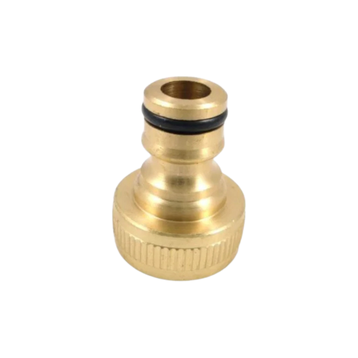 A brass garden hose connector fitting with a black rubber O-ring, isolated on a white background.