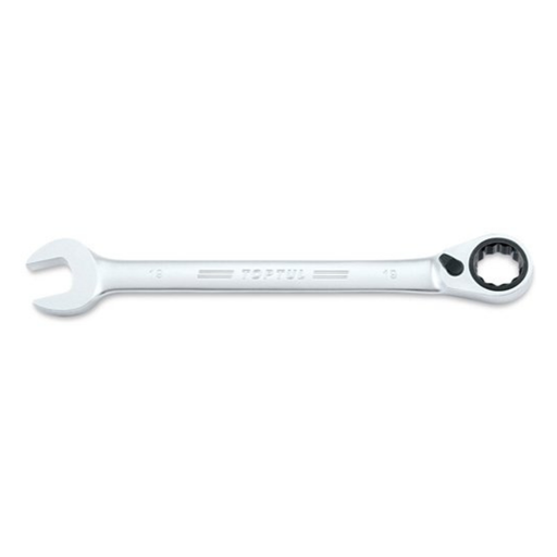 A silver double-ended combination wrench with a closed-end socket on one end and a ratchet head on the other, shown on a plain white background.