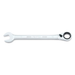 A silver double-ended combination wrench with a closed-end socket on one end and a ratchet head on the other, shown on a plain white background.